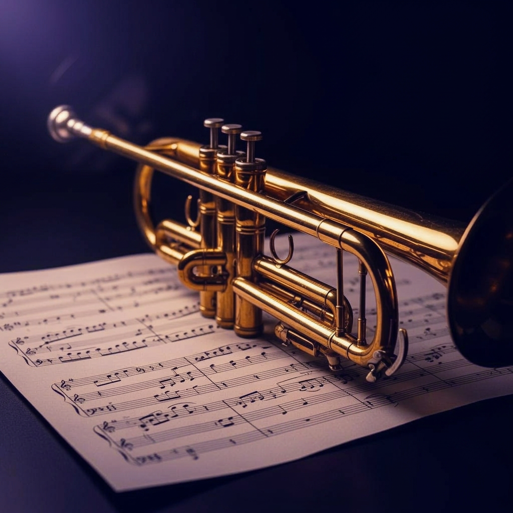 Polished brass trumpet resting on sheet music under warm studio lighting
